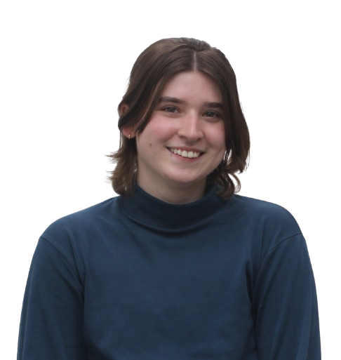 James Rand, a white nonbinary person with shoulder length brown hair and a blue turtle neck, shown from the elbows up, smiling.